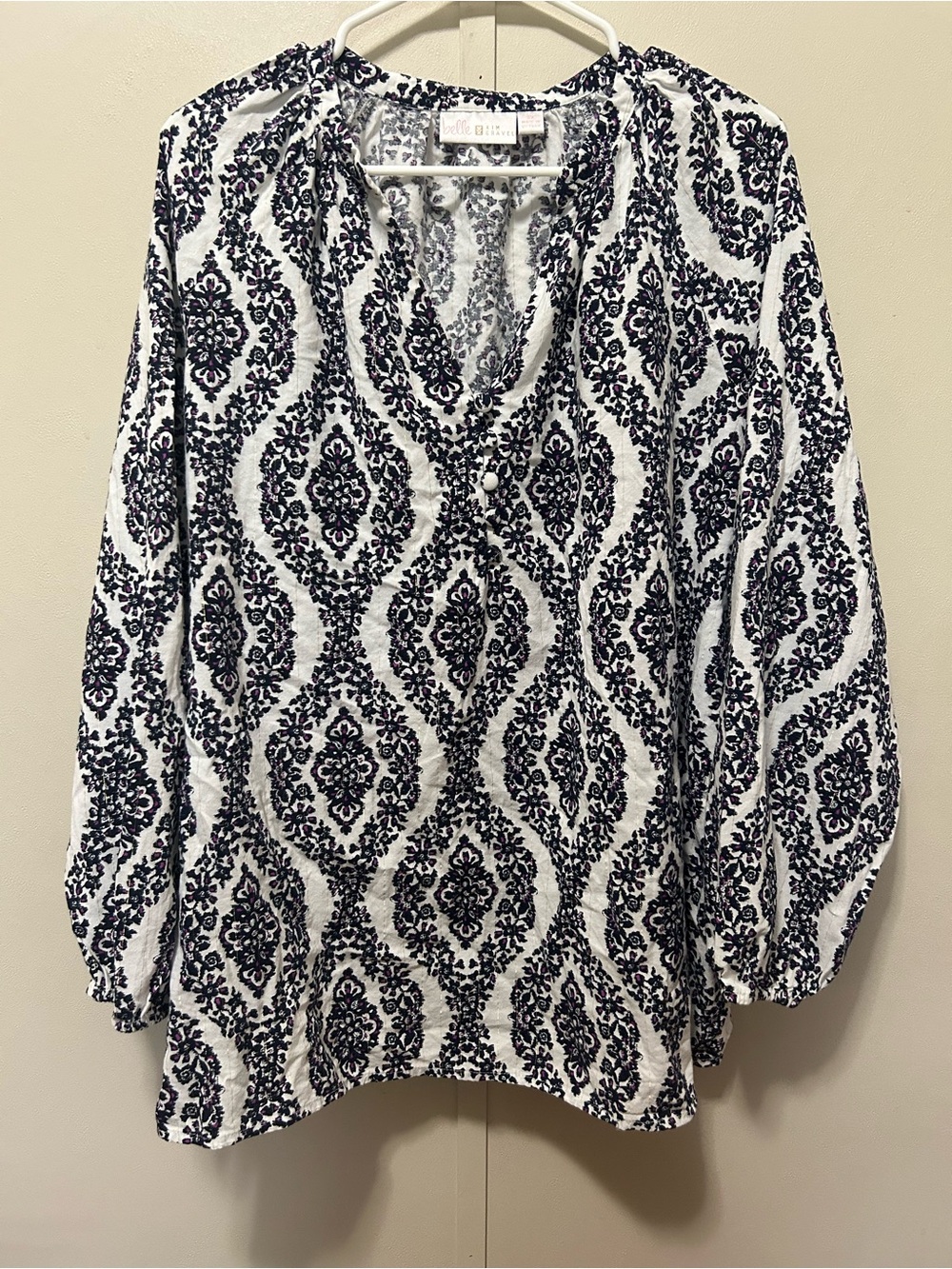 Belle by Kim Gravel Floral Ikat Blouson Sleeve Blouse Size 2X